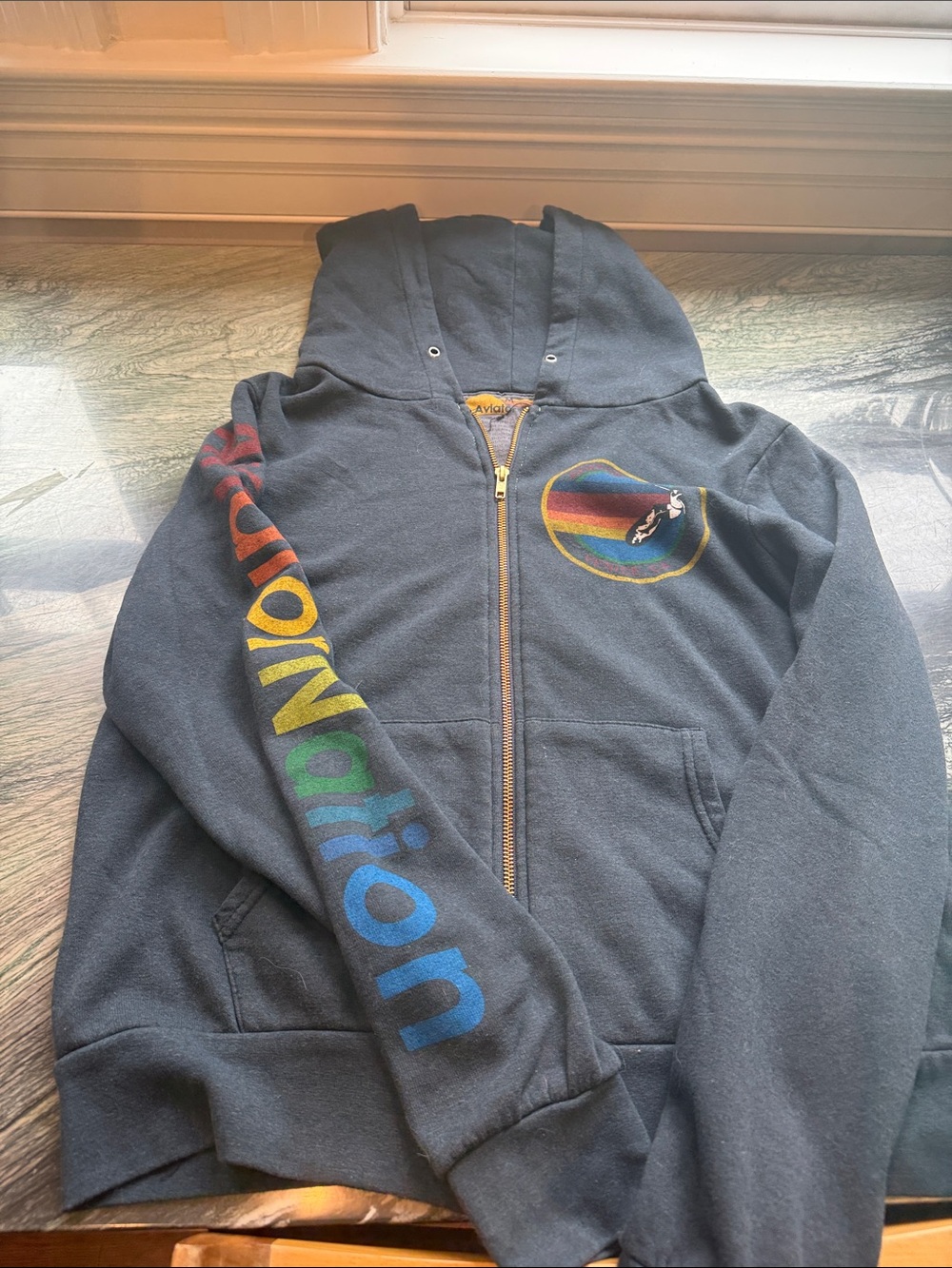 Aviator Nation Black Zip Hoodie with Rainbow Sleeve Logo